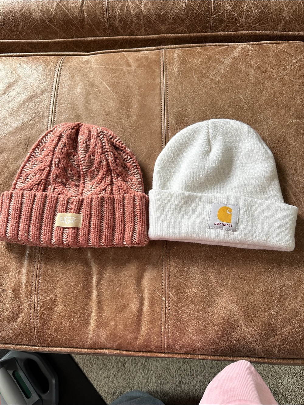Carhartt White Cuffed Beanie & salmon/tan Ugg hat lot nwot
